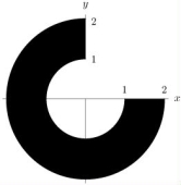  Calculate the following integral:  \int _ { R } r ^ { 5 } \cos \theta d A  where R is the shaded region shown below. ·   