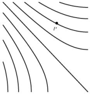  Using the contour diagram for f(x, y) , find the sign of  f _ { y y } ( P )   given that f<sub>xx</sub>(P) < 0.   A) Negative B) Positive C) Not possible to decide 