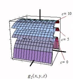  Some level surfaces of the functions  g _ { 1 } ( x , y , z )   g _ { 2 } ( x , y , z )  and  g _ { 3 } ( x , y , z )  are shown below, respectively.       Which function takes the value 0 at (0, 0, 0)? 