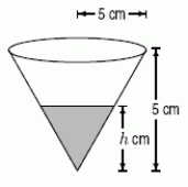  A coffee filter is in the shape of a cone, as shown below.Suppose that when it is filled with water to a height h cm, the rate at which coffee flows out the hole at the bottom is given by Volume of coffee which flows out per second =  \sqrt{h}  cm<sup>3</sup> / sec.   Approximately how many cubic centimeters are in the  slice  of coffee lying below h +  \Delta h and above h? A)   \pi h^{3} \Delta h  B)   \pi h \Delta h  C)   \pi h^{2} \Delta h  D)   \pi h^{3 / 2} \Delta h