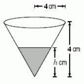  A coffee filter is in the shape of a cone, as shown below.Suppose that when it is filled with water to a height h cm, the rate at which coffee flows out the hole at the bottom is given by Volume of coffee which flows out per second =  \sqrt{h}  cm<sup>3</sup> / sec.   Suppose the coffee filter starts full.Write an integral representing the total amount of time it takes for the coffee filter to empty, and then evaluate it to find the time needed for the filter to empty.Give your answer to the nearest second. 