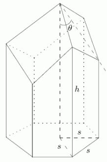  A single cell of a bee's honey comb has the shape shown.The surface area of this cell is given by  A=6 h s+\frac{3}{2} s^{2}\left(\frac{-\cos \theta}{\sin \theta}+\frac{\sqrt{3}}{\sin \theta}\right)  where h, s, \theta  are as shown in the picture.Keeping h and s fixed, for what angle,  \theta , is the surface area minimal? Round to the nearest one tenth of a degree.   