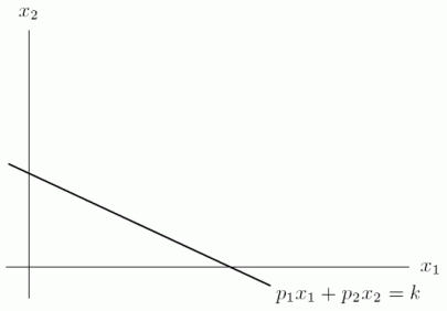  Suppose we buy quantities  x_1  and  x_2  , respectively, of two goods.The following graph shows the budget constraint  p_{1} x_{1}+p_{2} x_{2}=k   , where  P_1  and  P_2  are the prices of the two goods and k is the available budget.If the budget is doubled, but prices remain the same, what is the  x_{2}-   intercept of the new budget constraint?   A)   \frac{2 k}{p_1}   B)   \frac{2 k}{p_2}  C)   \frac{k}{2 p_1}  D)   \frac{k}{2 p_2}