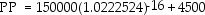 FV = $150 000; PMT = 150000(0.06)0.5 = $4500; n = 8(2)= 16; P/Y = 2; C/Y = 1; c =   <sub> </sub>= 0.5; i =   = 0.045 p =   - 1 = 0.0222524      