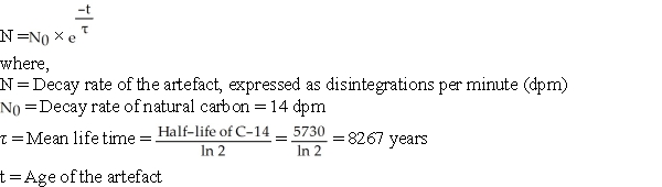 Following equation is used in carbon dating of the artefacts:   What is the expected decay rate of the artefact, if it is known to be from Canadian New France era, 350 years ago.