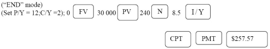 a)PV = 30 000.00; n = 20(12)= 240; i =   = 0.0425; I/Y = 8.5; P/Y = 12; C/Y = 2; c =   =   p =   =   - 1 = 0.006961062 30000 = PMT   30000 = PMT[116.4742048] PMT = $257.57 The number of outstanding payments after five years is 15(12)= 180 PV = 257.57   PV = $26 386.10 Programmed solution:     b)The outstanding balance of $26 386.10 is to be amortized the remaining 15 years. PV = 26 386.10; n = 15(12)= 180; i =   = 0.04; I/Y = 8; P/Y = 12; C/Y = 2; c =   =   p =   =   - 1 = 0.006558197 26386.10 = PMT   26386.10 = PMT[105.4682161] PMT = $250.18 Programmed solution:   c)At the end of the 3 year term the outstanding payments is 144. PV = 250.18   PV = $23 265.45 Programmed solution:  