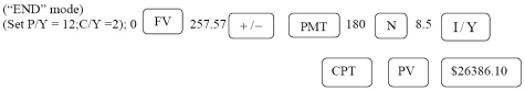 a)PV = 30 000.00; n = 20(12)= 240; i =   = 0.0425; I/Y = 8.5; P/Y = 12; C/Y = 2; c =   =   p =   =   - 1 = 0.006961062 30000 = PMT   30000 = PMT[116.4742048] PMT = $257.57 The number of outstanding payments after five years is 15(12)= 180 PV = 257.57   PV = $26 386.10 Programmed solution:     b)The outstanding balance of $26 386.10 is to be amortized the remaining 15 years. PV = 26 386.10; n = 15(12)= 180; i =   = 0.04; I/Y = 8; P/Y = 12; C/Y = 2; c =   =   p =   =   - 1 = 0.006558197 26386.10 = PMT   26386.10 = PMT[105.4682161] PMT = $250.18 Programmed solution:   c)At the end of the 3 year term the outstanding payments is 144. PV = 250.18   PV = $23 265.45 Programmed solution:  