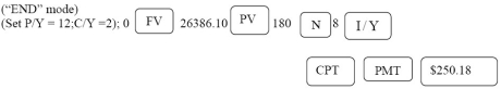 a)PV = 30 000.00; n = 20(12)= 240; i =   = 0.0425; I/Y = 8.5; P/Y = 12; C/Y = 2; c =   =   p =   =   - 1 = 0.006961062 30000 = PMT   30000 = PMT[116.4742048] PMT = $257.57 The number of outstanding payments after five years is 15(12)= 180 PV = 257.57   PV = $26 386.10 Programmed solution:     b)The outstanding balance of $26 386.10 is to be amortized the remaining 15 years. PV = 26 386.10; n = 15(12)= 180; i =   = 0.04; I/Y = 8; P/Y = 12; C/Y = 2; c =   =   p =   =   - 1 = 0.006558197 26386.10 = PMT   26386.10 = PMT[105.4682161] PMT = $250.18 Programmed solution:   c)At the end of the 3 year term the outstanding payments is 144. PV = 250.18   PV = $23 265.45 Programmed solution:  