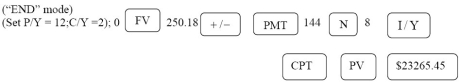 a)PV = 30 000.00; n = 20(12)= 240; i =   = 0.0425; I/Y = 8.5; P/Y = 12; C/Y = 2; c =   =   p =   =   - 1 = 0.006961062 30000 = PMT   30000 = PMT[116.4742048] PMT = $257.57 The number of outstanding payments after five years is 15(12)= 180 PV = 257.57   PV = $26 386.10 Programmed solution:     b)The outstanding balance of $26 386.10 is to be amortized the remaining 15 years. PV = 26 386.10; n = 15(12)= 180; i =   = 0.04; I/Y = 8; P/Y = 12; C/Y = 2; c =   =   p =   =   - 1 = 0.006558197 26386.10 = PMT   26386.10 = PMT[105.4682161] PMT = $250.18 Programmed solution:   c)At the end of the 3 year term the outstanding payments is 144. PV = 250.18   PV = $23 265.45 Programmed solution:  