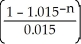 PMT = 3000.00; PV = 60 000; i =   = 0.015; I/Y = 6; P/Y = C/Y = 4 60000 = 3000(1.015)   0.295566502 = 1 -   -n ln 1.015 = ln 0.704433498 -n(0.014888612)= -0.350361349 n = 23.53216923 quarters ÷ 4 = 5.88 ≈6 years Programmed solution:  