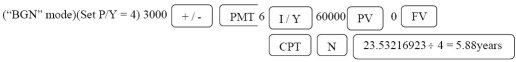 PMT = 3000.00; PV = 60 000; i = = 0.015; I/Y = 6; P/Y = C/Y = 4 60000 = 3000(1.015) 0.295566502 = 1 - -n ln 1.015 = ln 0.704433498 -n(0.014888612)= -0.350361349 n = 23.53216923 quarters ÷ 4 = 5.88 ≈6 years Programmed solution:
