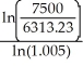 Let the focal date be now; i =   = 0.005; m = 12 For the obligation: 2000.00 + 2500.00(1.005)-36 + 3000.00(1.005)-60 2000.00 + 2500.00(.835644919)+ 3000.00(.741372196) 2000.00 + 2089.11 + 2224.12 = 6313.23 For the payment: (2000 + 2500 + 3000)= 7500 FV = 7500, PV = 6313.23 N =   =   = 34.53717401 months ÷ 12 = 2.878 years = 2 years 320 days The obligation can be discharged 2 years 320 days from now. Programmed solution:      