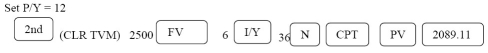 Let the focal date be now; i =   = 0.005; m = 12 For the obligation: 2000.00 + 2500.00(1.005)-36 + 3000.00(1.005)-60 2000.00 + 2500.00(.835644919)+ 3000.00(.741372196) 2000.00 + 2089.11 + 2224.12 = 6313.23 For the payment: (2000 + 2500 + 3000)= 7500 FV = 7500, PV = 6313.23 N =   =   = 34.53717401 months ÷ 12 = 2.878 years = 2 years 320 days The obligation can be discharged 2 years 320 days from now. Programmed solution:      
