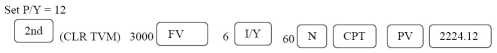 Let the focal date be now; i =   = 0.005; m = 12 For the obligation: 2000.00 + 2500.00(1.005)-36 + 3000.00(1.005)-60 2000.00 + 2500.00(.835644919)+ 3000.00(.741372196) 2000.00 + 2089.11 + 2224.12 = 6313.23 For the payment: (2000 + 2500 + 3000)= 7500 FV = 7500, PV = 6313.23 N =   =   = 34.53717401 months ÷ 12 = 2.878 years = 2 years 320 days The obligation can be discharged 2 years 320 days from now. Programmed solution:      