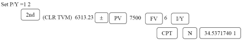 Let the focal date be now; i = = 0.005; m = 12 For the obligation: 2000.00 + 2500.00(1.005)-36 + 3000.00(1.005)-60 2000.00 + 2500.00(.835644919)+ 3000.00(.741372196) 2000.00 + 2089.11 + 2224.12 = 6313.23 For the payment: (2000 + 2500 + 3000)= 7500 FV = 7500, PV = 6313.23 N = = = 34.53717401 months ÷ 12 = 2.878 years = 2 years 320 days The obligation can be discharged 2 years 320 days from now. Programmed solution: