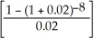 a) PV = 10 000.00; n = 2(4) = 8; i =   = 2% = 0.02; I/Y = 8; P/Y = C/Y=4; 10000 = PMT   10000 = PMT[7.32548144] PMT =   PMT = $1365.10 Programmed solution:   b) Amortization Table (done using Excel):   c) PMT = 1365.10; n = 5(number of payments left); i = 0.02 PV = 1365.10   = $6434.34 Programmed solution:   The difference from the chart is due to rounding.