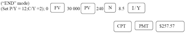 a) PV = 30 000.00; n = 20(12) = 240; i =   = 0.0425; I/Y = 8.5; P/Y = 12; C/Y=2; c =   =   p =   =   - 1 = 0.006961062 30000 = PMT   30000 = PMT[116.4742048] PMT = $257.57 The number of outstanding payments after five years is 15(12) = 180 PV = 257.57   PV = $26386.10 Programmed solution:     b) The outstanding balance of $26 386.10 is to be amortized the remaining 15 years. PV = 26 386.10; n = 15(12) = 180; i =   = 0.04; I/Y = 8; P/Y = 12; C/Y=2; c =   =   p =   =   - 1 = 0.006558197 26386.10 = PMT   26386.10 = PMT[105.4682161] PMT = $250.18 Programmed solution:   c) At the end of the 3 year term the outstanding payments is 144. PV = 250.18   PV = $23265.45 Programmed solution:  