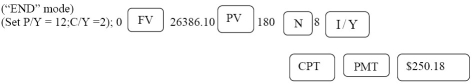 a) PV = 30 000.00; n = 20(12) = 240; i =   = 0.0425; I/Y = 8.5; P/Y = 12; C/Y=2; c =   =   p =   =   - 1 = 0.006961062 30000 = PMT   30000 = PMT[116.4742048] PMT = $257.57 The number of outstanding payments after five years is 15(12) = 180 PV = 257.57   PV = $26386.10 Programmed solution:     b) The outstanding balance of $26 386.10 is to be amortized the remaining 15 years. PV = 26 386.10; n = 15(12) = 180; i =   = 0.04; I/Y = 8; P/Y = 12; C/Y=2; c =   =   p =   =   - 1 = 0.006558197 26386.10 = PMT   26386.10 = PMT[105.4682161] PMT = $250.18 Programmed solution:   c) At the end of the 3 year term the outstanding payments is 144. PV = 250.18   PV = $23265.45 Programmed solution:  