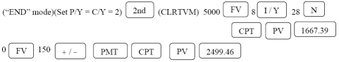 PMT =   = $150 PP = 5000   + 150   PP = 1667.39 + 2499.46 PP = $4166.85 Programmed solution:   The purchase price is 1667.39 + 2499.46 = $4166.85