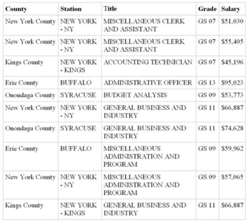 The following data concern a sample of employees of the U.S.Marshalls in the state of New York.Identify the qualitative and quantitative variables,the categories associated with each qualitative variable,and the measurement scales for all variables.   Source: http://php.app.com/fed_employees10/results.php?fullname=&agency_name=U.S.+MARSHALS+SERVICE&statename=New+York&countyname=%25&Submit=Search