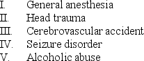 Predisposing factors that frequently lead to the aspiration of gastrointestinal fluids (and anaerobes)  are usually related to which of the following?   A)  I and III only B)  IV and V only C)  II and III only D)  I, IV, and V only E)  I, II, III, IV, and V