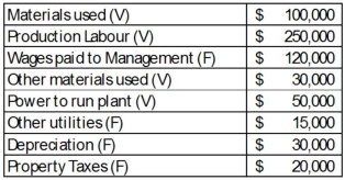 Anderson Ltd. Manufactured 10,000 units a product last year and identified the following manufacturing and overhead costs (V denotes variable cost and F denotes fixed cost) .   If variable cost and fixed costs remain unchanged, calculate the total cost to product 12,000 units. A)  $698,000 B)  $699,000 C)  $700,000 D)  $701,000 E)  $702,000