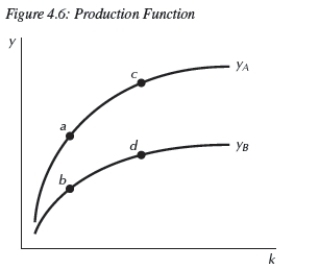   -Consider the two production functions in Figure 4.6,representing two countries.Which of the following is not true? i.At points a and b,each country has the same per capita capital stock but different factor productivity. ii.Points a and c represent different countries but with the same factor productivity. iii.Points b and d represent the same country but with different stock of per capita capital. A) ii only B) i only C) iii only D) i and ii E) i and iii 