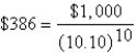 The equation means you:   A) would prefer to receive $386 today than $1,000 in 10 years. B) are indifferent between receiving $386 today and $1,000 in 10 years. C) would prefer to receive $1,000 in 10 years than $386 today. D) are indifferent between receiving $386 today and $1,000 in 100 years. E) do not have enough information.