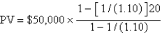 You win the lottery,which pays $1 million in 20 annual $50,000 payments.Your friends ask how much that would be if you received a single lump sum payment today.You do not have your calculator,but you show them the following equation to help them solve it themselves,assuming the interest rate is 10 percent: A) B) C) D) E) Either a or b is correct.
