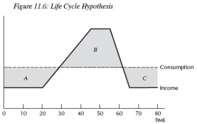   -Consider Figure 11.6 of the Life Cycle hypothesis.Area(s) __________ are periods of __________,and area(s) __________ are periods of __________. A) A;dissaving;C;saving B) C;dissaving;B;saving C) B;dissaving;A and C;saving D) A and C;dissaving;B;saving E) Not enough information is given.