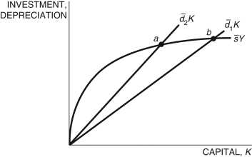 Refer to the following figure when answering   Figure 5.5: Solow Diagram   -Consider Figure 5.5, which represents two countries, 1 and 2. Country ________ has a higher depreciation rate and, therefore, has a ________ steady state than the other country. A)  1; higher B)  1; lower C)  2; higher D)  2; lower E)  Not enough information is given.