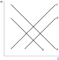  Refer to the following figure when answering      Figure 15.1: The Labor Market   -Consider Figure 15.1, which is a representation of the labor market. In 2005, Hurricane Katrina hit the Gulf Coast of the United States; this would cause a shift from curve ________ because this is an example of a(n)  ________. A)   a \rightarrow b ; negative TFP shock B)   b \rightarrow a ; increase in TFP C)   d \rightarrow c ; increase in the interest rate D)   c \rightarrow d ; rise in government expenditure E)  None of these answers are correct. 