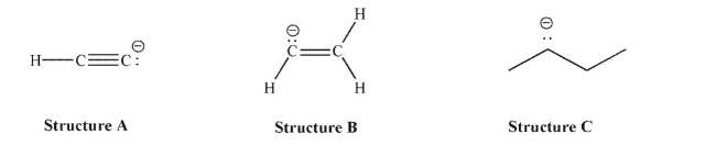 Consider the following set of carbanions:   Of the three lone pairs shown, which is most stable (lowest in energy) and why?