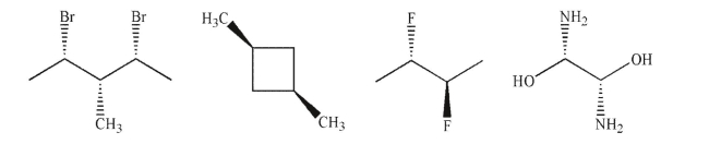 Label each of the following molecules as chiral, achiral, or achiral and meso.  