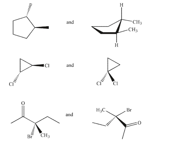 Identify each pair of molecules as conformational isomers, diastereomers, enantiomers, identical, or structural isomers.  