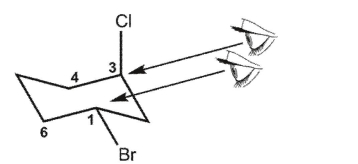 Which double Newman projection matches the view of the molecule below along the C(1) -C(6)  and C(3) -C(4)  bonds?    A)    B)    C)     D)     E)   