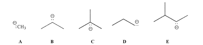 Which of these is the most stable carbanion?   A) A B) B C) C D) D E) E