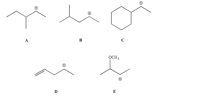 Which of the following carbocations is least likely to rearrange?   A) A B) B C) C D) D E) E