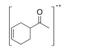 A common fragmentation pattern of cyclohexene derivatives is a reverse Diels-Alder reaction, where the charged fragment that results is often the diene.Indicate at least two peaks (with m/z values) you would expect to see in the mass spectrum for the compound shown here, and the structures that correspond to these peaks.  