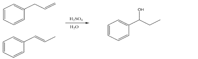 Both of the two isomeric alkenes below react with aqueous sulfuric acid to give 1-phenyl-1-propanol as the major product.Show the mechanism of the reaction in each case.  