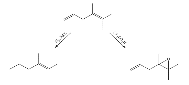 When the diene shown here is treated with hydrogen and palladium on charcoal for a short reaction time, the alkene on the left is produced. When the same diene is treated with CF<sub>3</sub>CO<sub>3</sub>H  for a short reaction time, the epoxide on the right is produced. Explain the difference in reactivity between the two alkenes. 