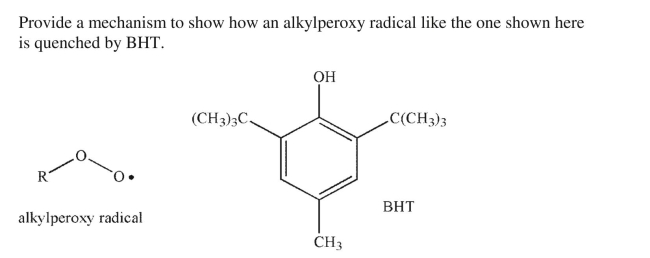 Unsaturated fats in food react with oxygen to form alkylperoxy radicals.These radicals can then react further with compounds in the food to degrade its taste.To prevent this process, preservatives like BHT (butylated hydroxytoluene) that act as radical inhibitors are added to some foods.  