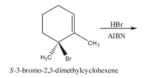 S-6-Bromo-1,6-dimethylcyclohexene reacts with hydrogen bromide in the absence of radical-inducing conditions to produce two major isomers, one of which is optically active; the other is meso.Draw the stereoisomers that can be produced if the same reaction is performed in the presence of the radical initiator AIBN.  