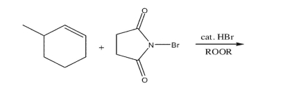 Draw the two organic products formed from the reaction between 3-methylcyclohexene and N-bromosuccinimide under the conditions shown.  