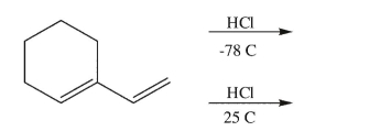 Draw the products of the addition reaction under each of the conditions shown; indicate the major and minor product isomers in each case:  