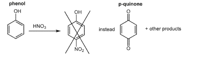 Phenol usually reacts easily with electrophiles.However, nitration of phenol with nitric acid is unsuccessful since the oxidation of phenol to p-quinone is faster than the electrophilic substitution.   However, the nitration reaction shown below is successful. Explain why the reactivity of starting material is different from that of phenol. Draw the nitration product.  