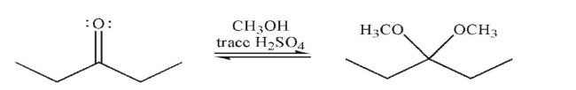 Draw a mechanism to illustrate the formation of an acetal (ketal) under the conditions shown. Include all necessary lone pairs, curved arrows, and nonzero formal charges.  