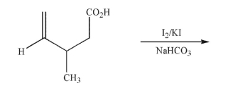 The reaction shown here is called  iodolactonization.  Five-membered rings are usually favored. Predict the product of this reaction (no need to show stereochemistry).  