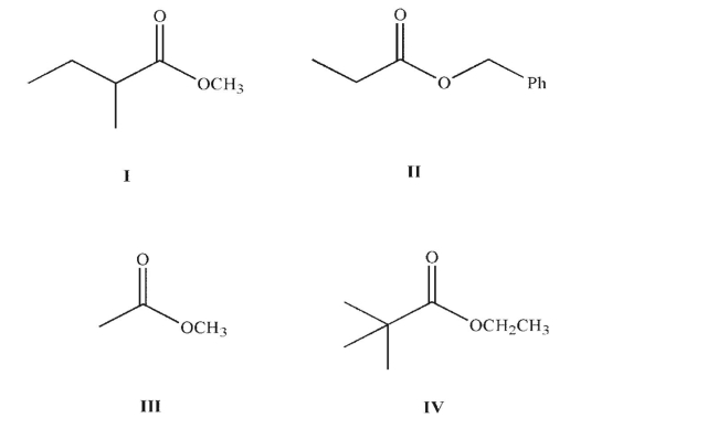 Which of the following esters cannot undergo a successful Claisen condensation?   A) I B) I and II C) II and III D) IV E) I and IV