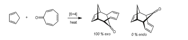Rationalize why only the exo product is formed in the following [6+4] cycloaddition reaction.  
